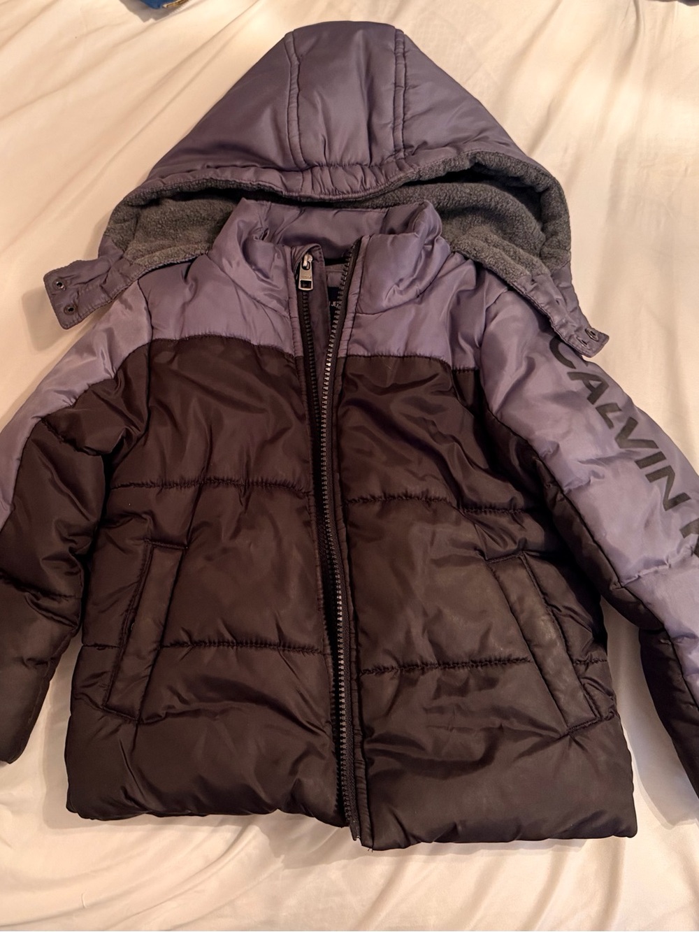 Calvin Klein Jeans Kids gray and Black Colorblock Puffer Jacket with Hood